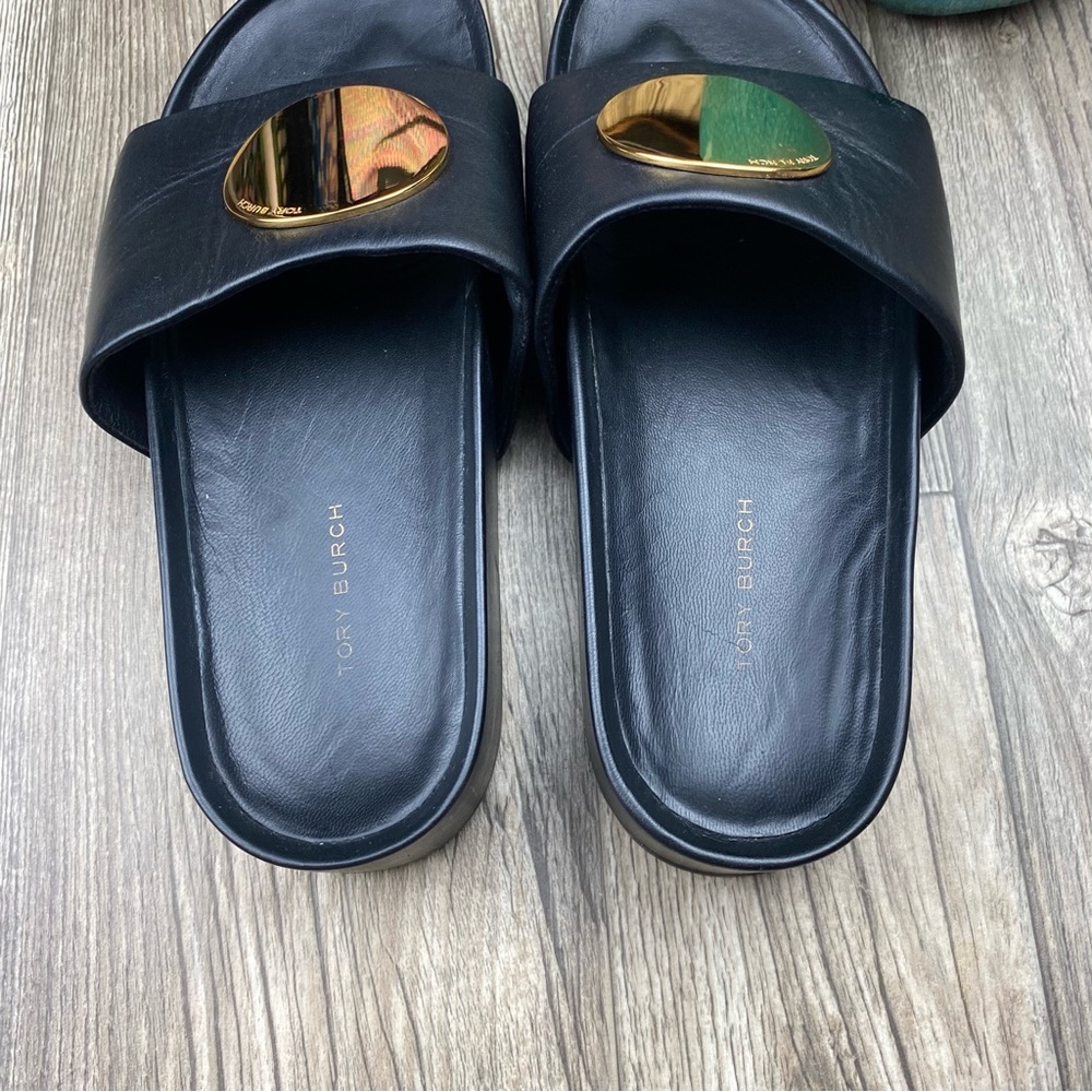 Tory Burch Black Leather Slide Sandals with Gold Medallions - Picture 4 of 12